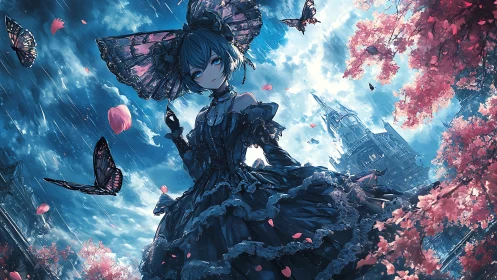 Gothic girl in stormlit garden watches drifting butterflies