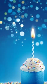 Blue Birthday Cake with Lit Candle Amid Glowing Particles