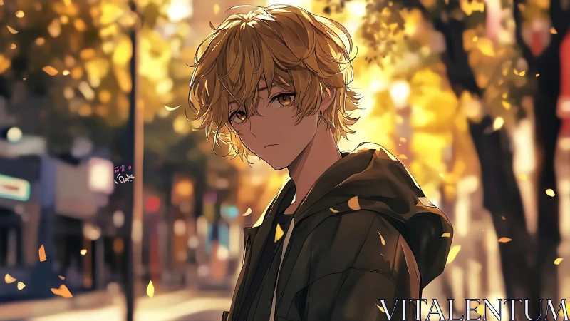 Backlit blond teen in hoodie amid shallow-depth urban autumn bokeh