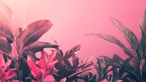 Tropical leaves glow softly in a dreamy pink haze