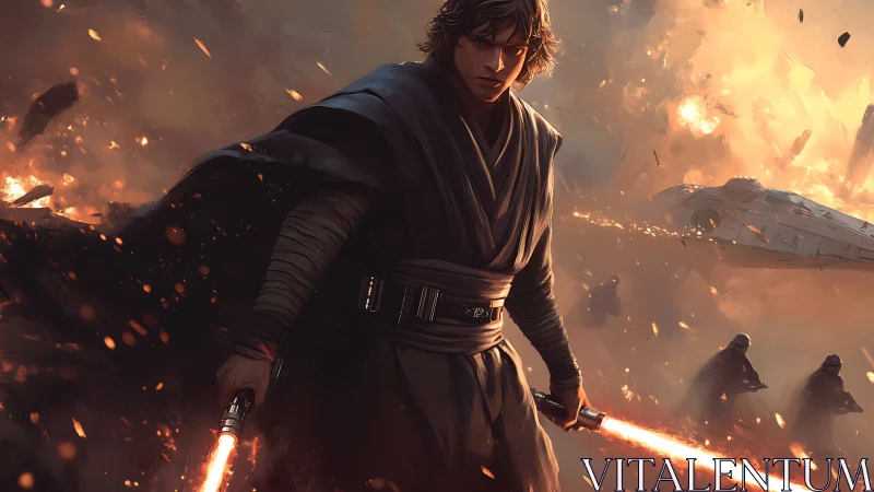 Cloaked warrior with twin plasma blades in burning warzone