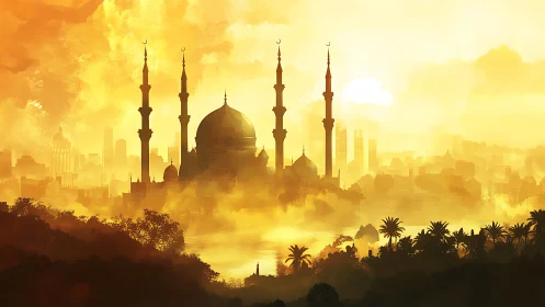 Golden sunset mosque skyline in atmospheric digital painting.