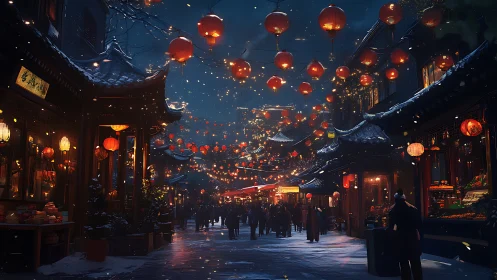 Lantern-lit winter festival street in traditional Chinese district.