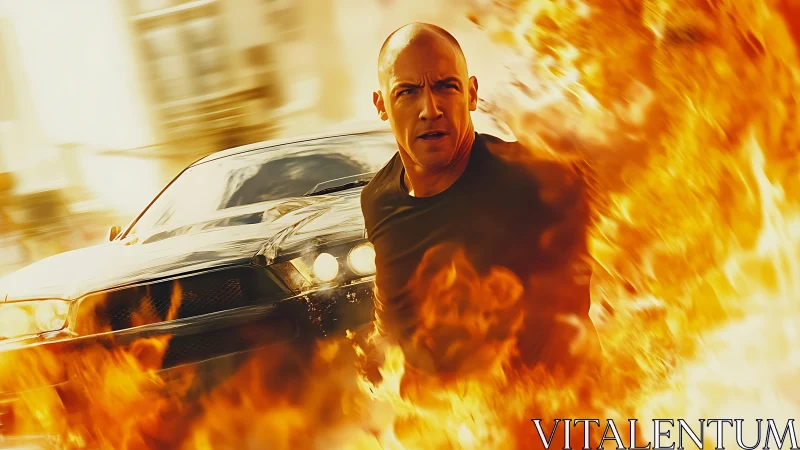 High-intensity photorealistic action portrait in firestorm framing.