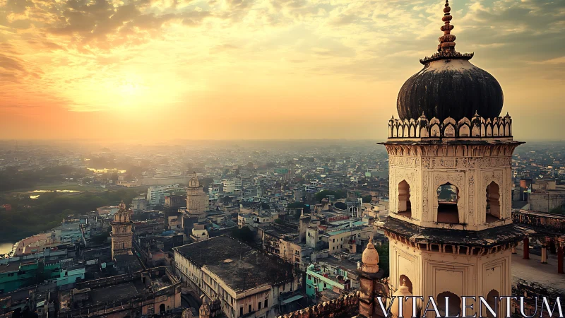 Golden city skyline welcomes dawn over ornate domed tower