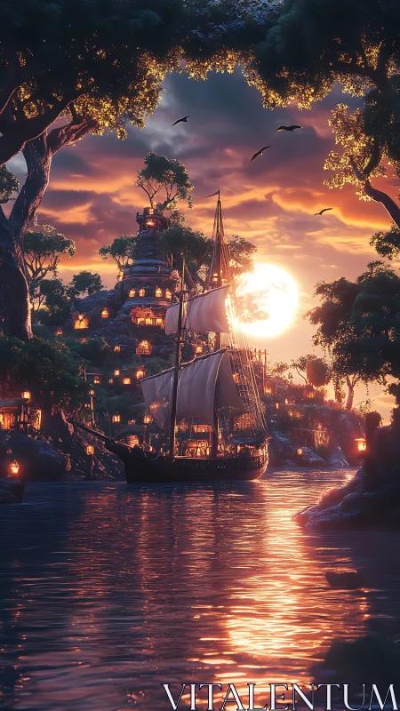 Moonlit river galleon enters lantern-lit cliff haven.