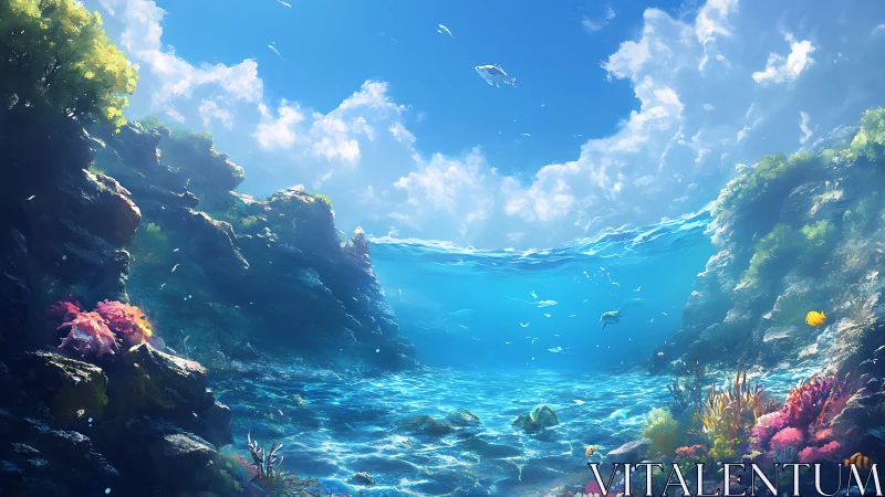 Sunlit underwater cove filled with colorful coral life.