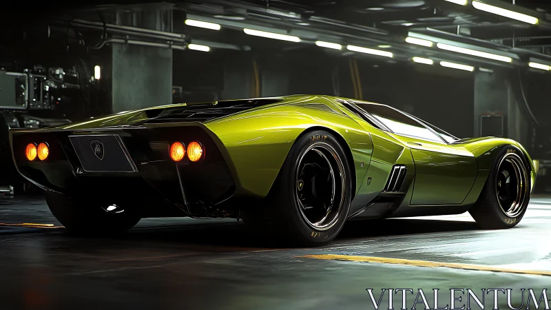 Lime green supercar render in cinematic garage lighting.