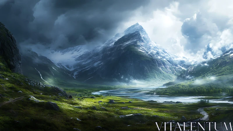 Stormlit mountain valley breathing in soft silver light.