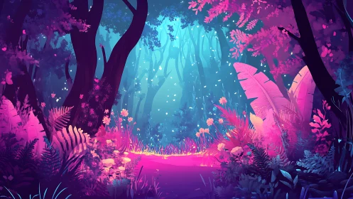 Luminescent Forest Clearing with Neon Flora.