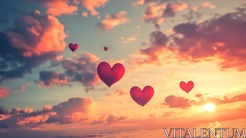 Red Hearts Float Through a Golden Sunset Sky