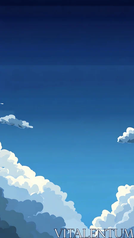 Layered blue sky with stylized cumulus cloud formations.