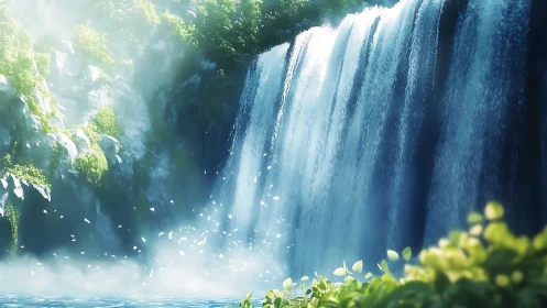Wide cascade descends over rock face into misted basin