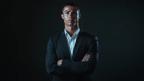 Confident man in a sharp suit standing in cinematic light.