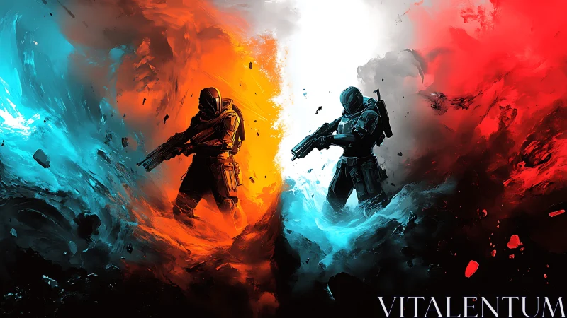 Opposed armored soldiers in red blue energy vortex field.