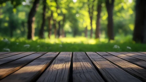 Wooden Deck Overlooking Forest Garden at Daylight