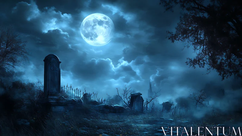 Moonlit graveyard breathing blue mist and quiet legends.