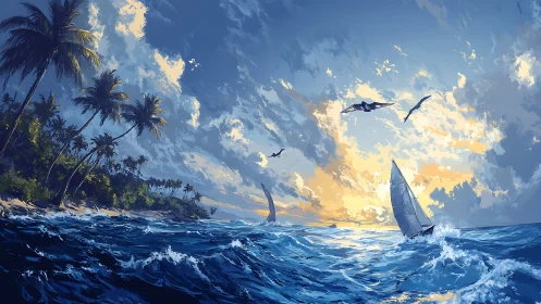 Dynamic tropical seascape with backlit waves and offshore sailboats