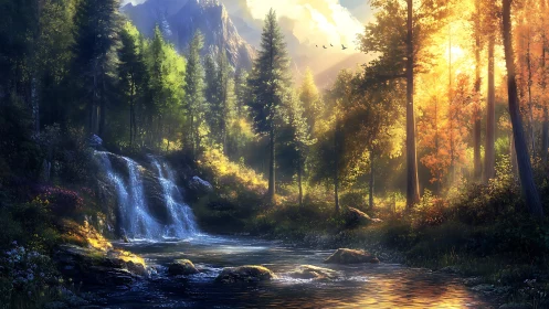 Sunlit forest waterfall flows gently through a tranquil valley