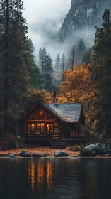 Warm-lit lakeside cabin contrasts with misty conifer mountainscape