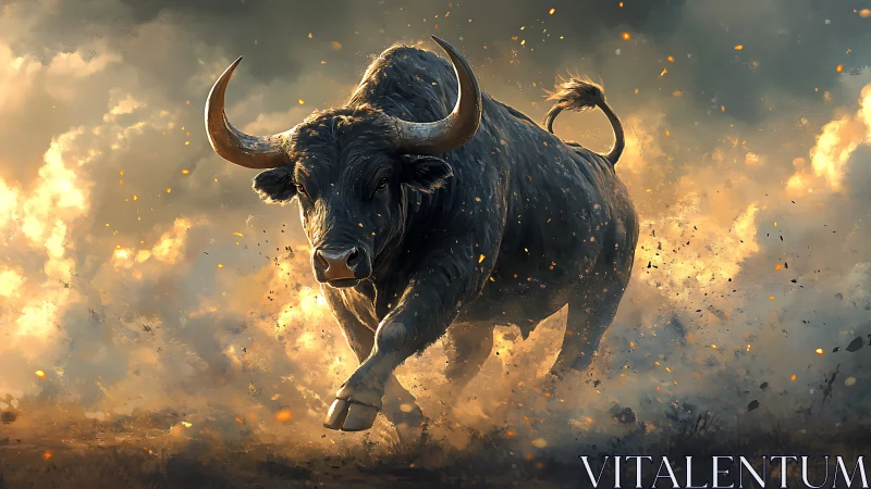 Charging black bull in explosive dust cloud, high contrast lighting