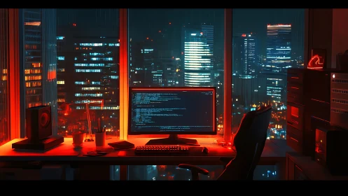 Neon coder’s high-rise sanctuary under rainwashed city lights.