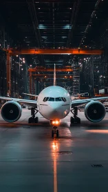 Sleek passenger jet resting calmly in a glowing hangar.