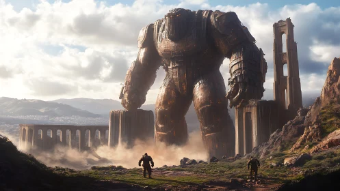 Colossal armored mech strides through crumbling stone aqueduct