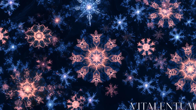 Glowing coral and sapphire fractal snowflakes in voided night.