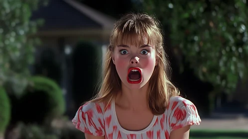 Shocked young woman in suburban daylight, vivid red accents.