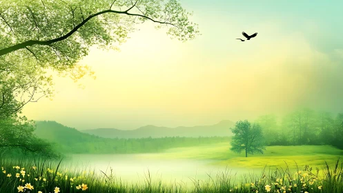 Serene lakeside meadow rendered with soft atmospheric perspective