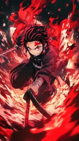 Blade-wielding warrior charges through swirling red flames