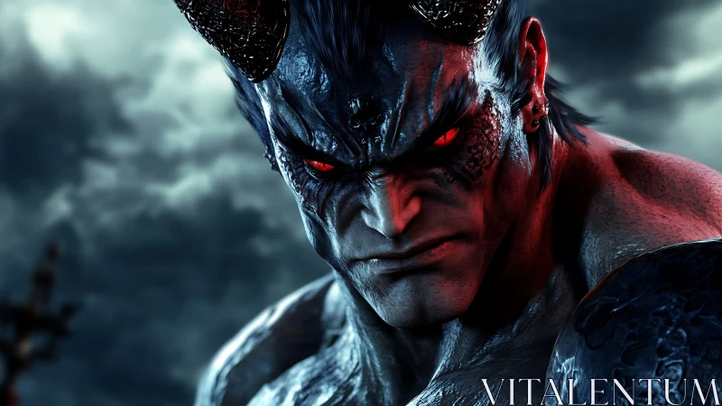 3D demonic warrior portrait with cinematic chiaroscuro lighting.
