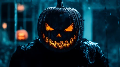 Sinister jack-o-lantern figure under cold cinematic lighting