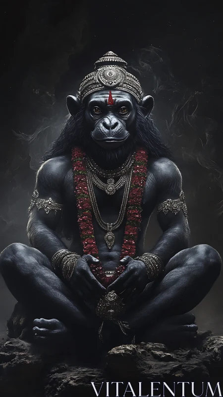 Mythic simian deity in meditative pose with ornate regalia.
