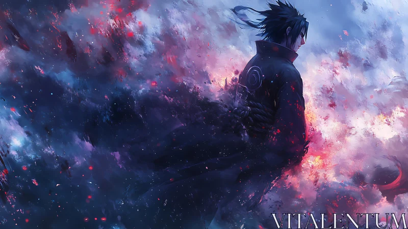 Dark cloaked figure in abstract fiery smoke environment.