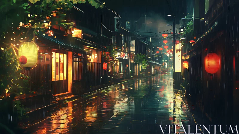 Rain-soaked lantern street renders cinematic nocturne mood
