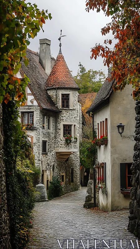 Narrow cobblestone alley curves between old stone houses