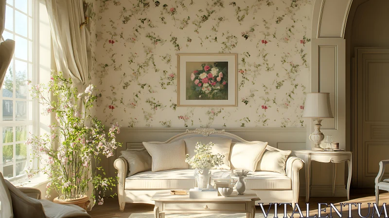 Sunlit floral living room with elegant cream sofa decor.