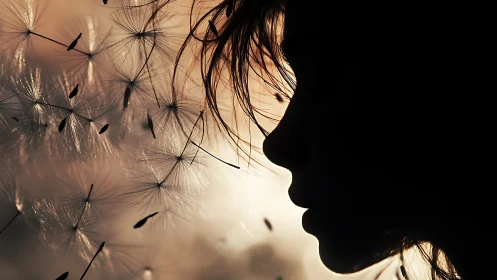 Silhouetted child profile with drifting dandelion seeds at dusk.