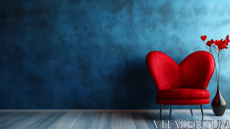 Heart-shaped red armchair contrasts textured blue wall with vase
