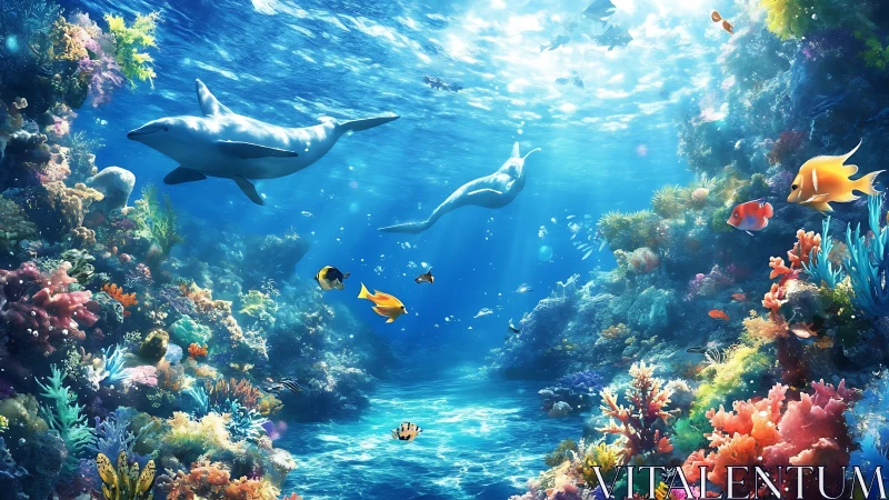 Sunlit dolphins glide through a vivid coral reef sanctuary