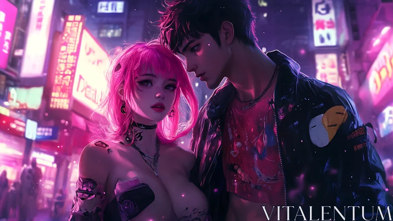 Neon cyberpunk lovers under vibrant city lights at night.