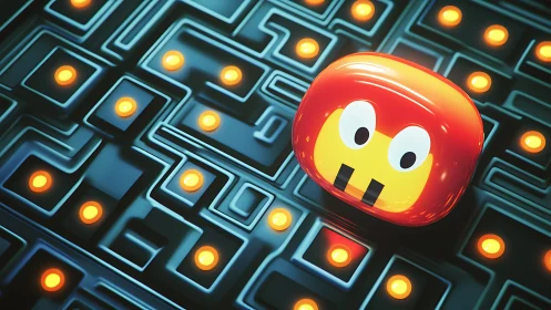 Red glossy game character in neon maze with glowing dots.
