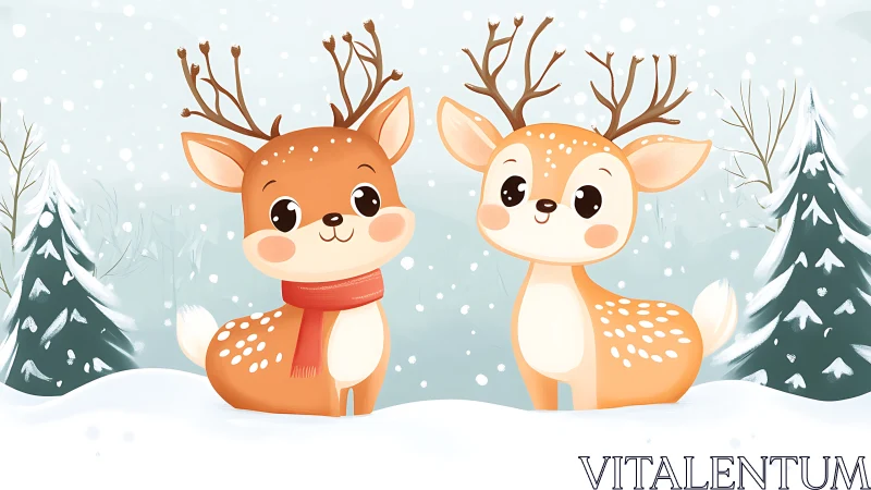 Cartoon reindeer pair in stylized snowy conifer landscape.