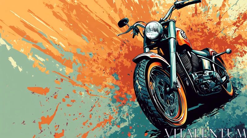 Low-angle cruiser motorcycle illustration with dynamic paint bursts