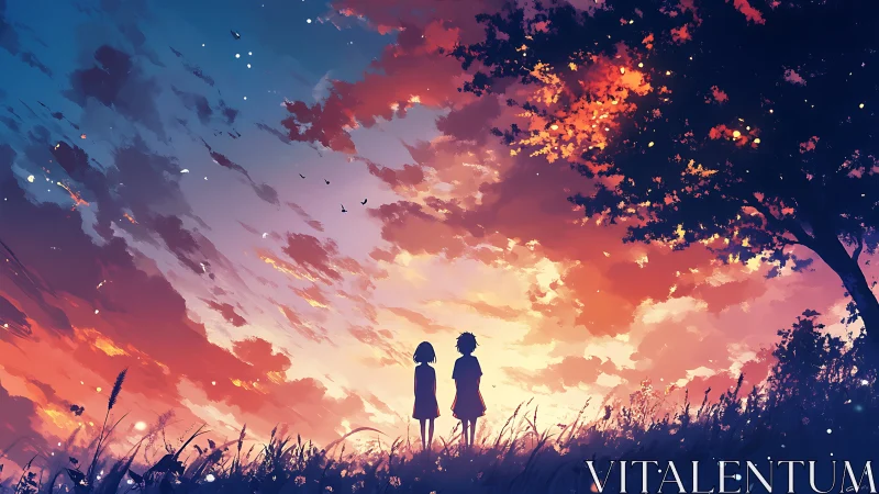 Silhouetted children watching colorful sunset sky together.