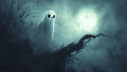Ghostly spirit drifts through misty forest beneath moon.