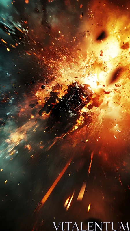 Starship bursts through inferno amid shattering debris field.