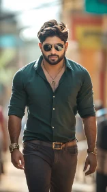 Man in green shirt walking on sunlit urban street scene.